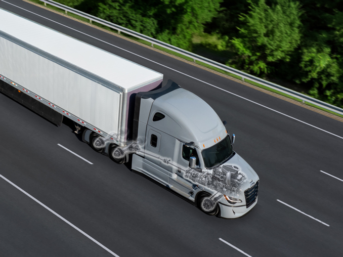 Transparent Freightliner semi-truck displaying internal engine and mechanical components.